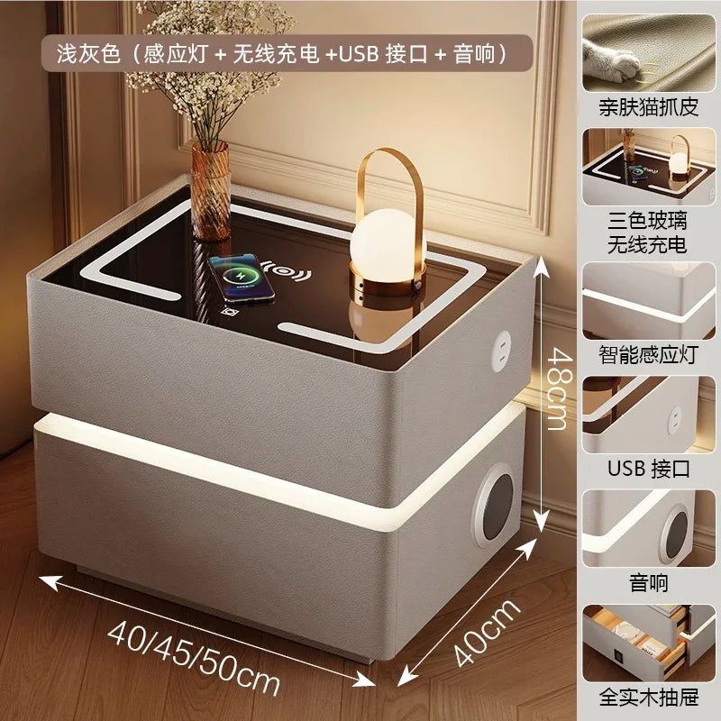 Floating LED Bedside Table Smart Nightstand with Wireless Charging Luxury Modern 2-Tier Storage Drawer Compact Bedroom Furniture