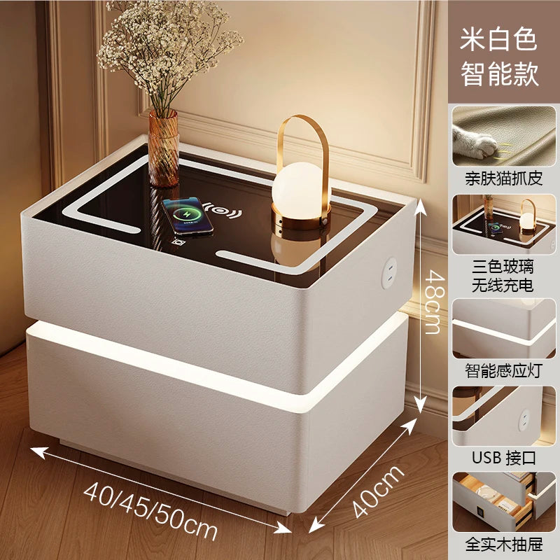 Floating LED Bedside Table Smart Nightstand with Wireless Charging Luxury Modern 2-Tier Storage Drawer Compact Bedroom Furniture