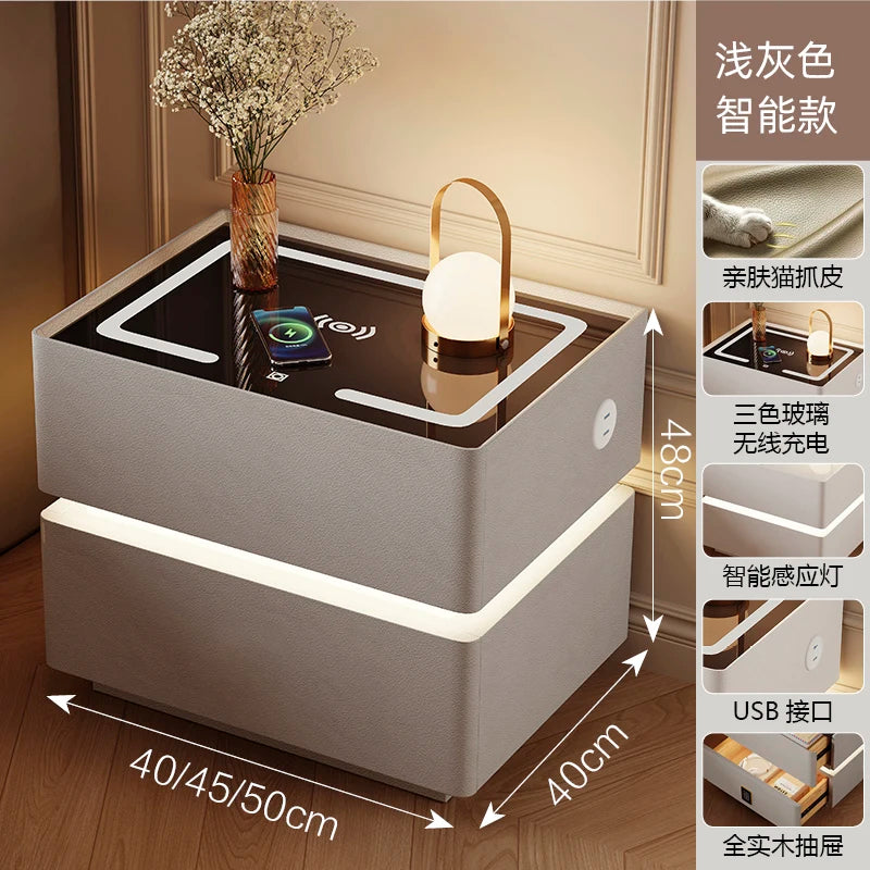 Floating LED Bedside Table Smart Nightstand with Wireless Charging Luxury Modern 2-Tier Storage Drawer Compact Bedroom Furniture