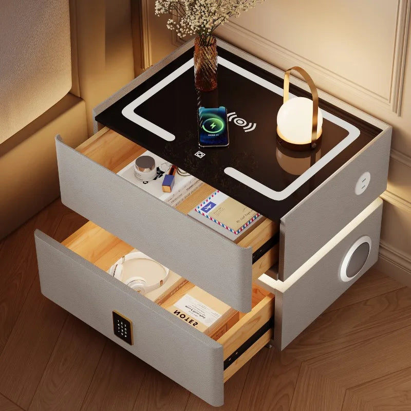 Floating LED Bedside Table Smart Nightstand with Wireless Charging Luxury Modern 2-Tier Storage Drawer Compact Bedroom Furniture