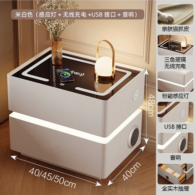 Floating LED Bedside Table Smart Nightstand with Wireless Charging Luxury Modern 2-Tier Storage Drawer Compact Bedroom Furniture