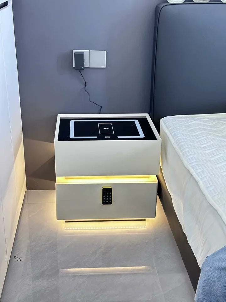 Floating LED Bedside Table Smart Nightstand with Wireless Charging Luxury Modern 2-Tier Storage Drawer Compact Bedroom Furniture